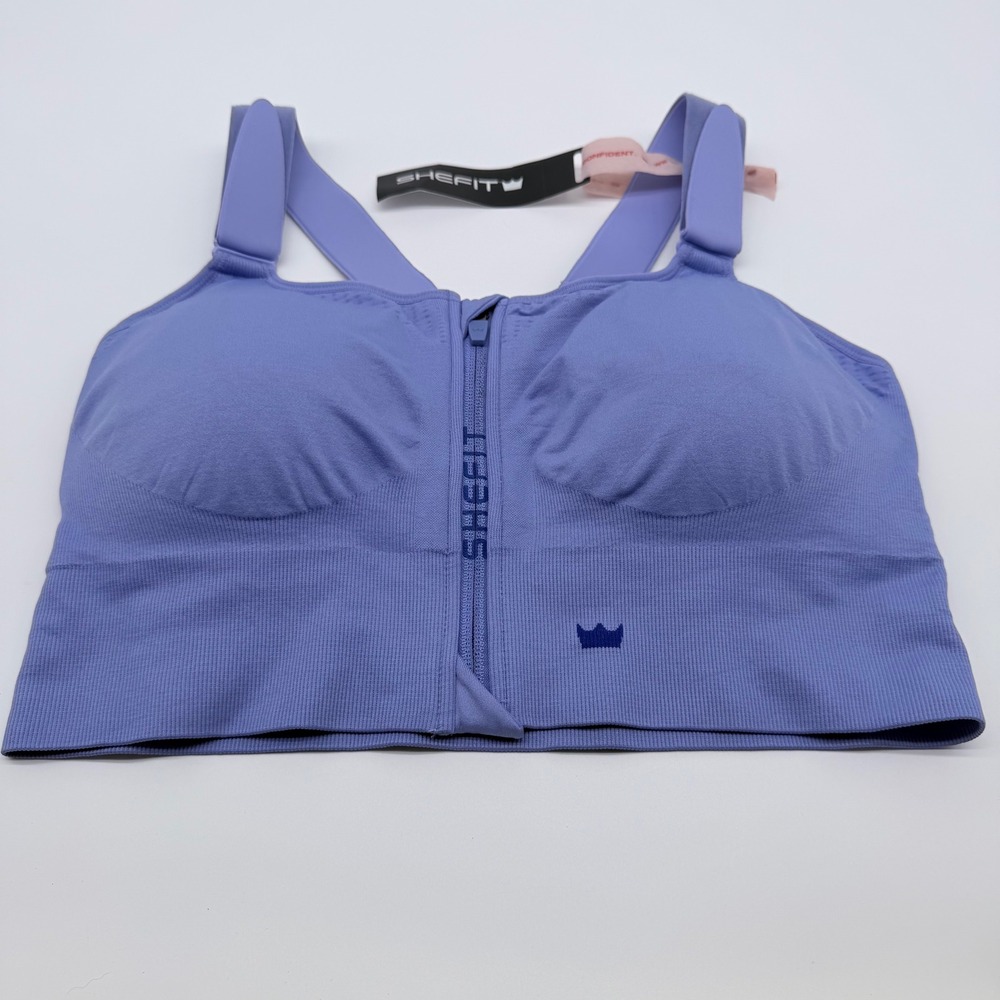 NWT Shefit Low Impact Sports Bra Gym Front Zip Periwinkle Blue NWT Size 3Luxe